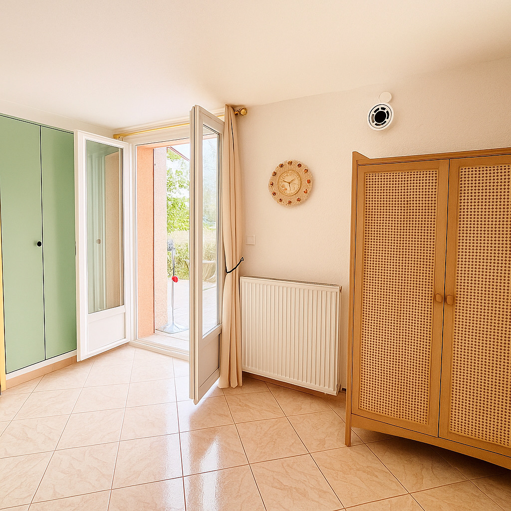 Espace rangement avec armoire et lumière naturelle par porte-fenêtre